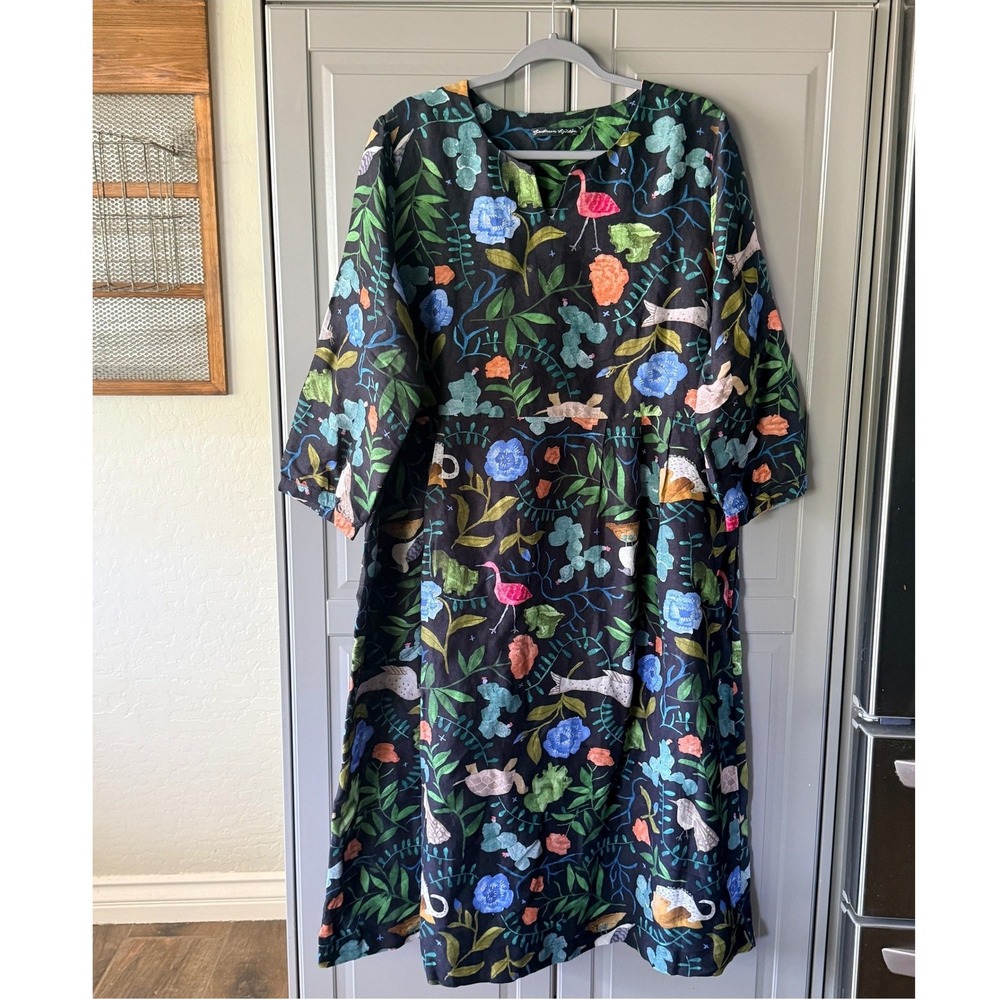 Gudrun Sjoden Mockingbird Botanical Linen Blend Lagenlook Midi Dress,Black, XL